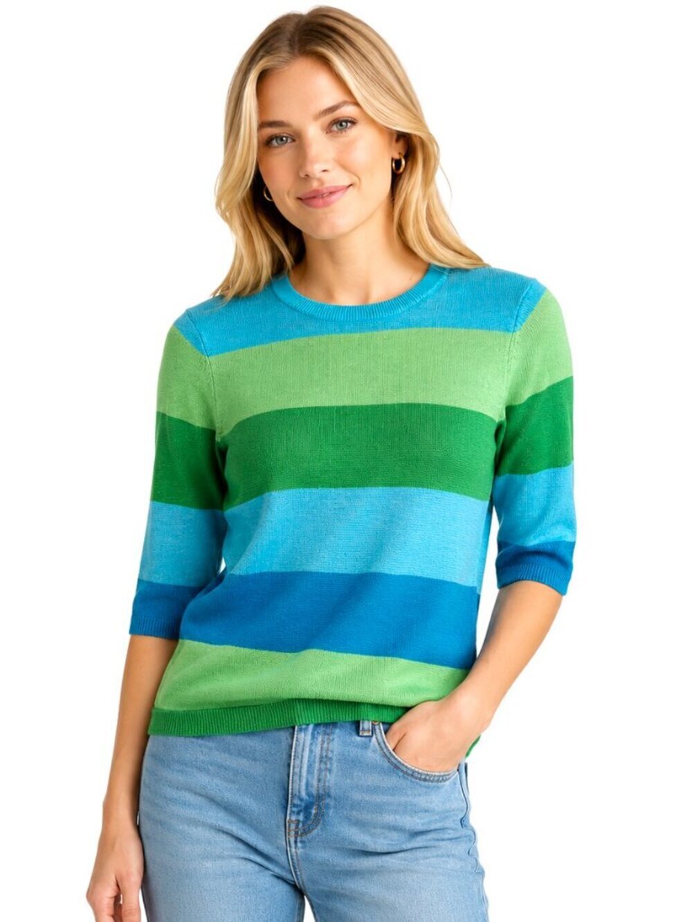 Lauren Ralph Lauren Blue Green Wide Stripe Crewneck Sweater